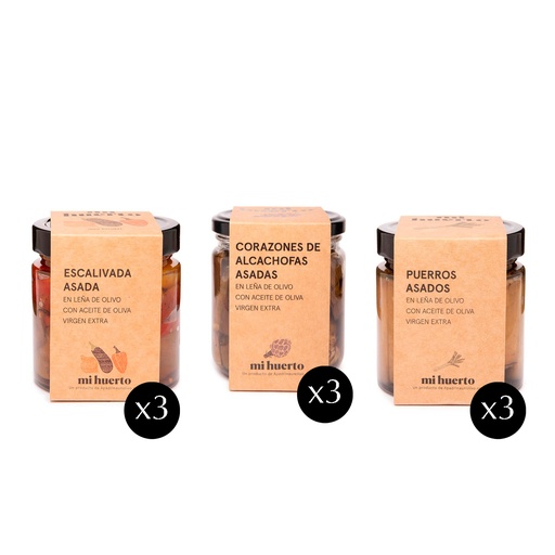 [caj-mix-325gr-9ud] Caja mixta de escalivada, alcachofas y puerros a la leña de Olivo en AOVE (9 uds. x 325g)