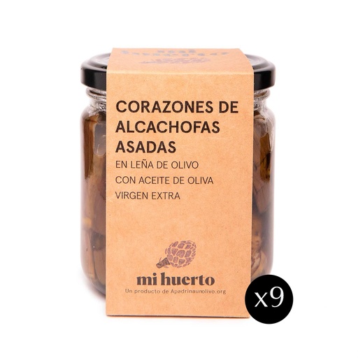 [caj-alc-305gr-9uds] Box of Olive Wood-Fired Roasted Artichoke Hearts with Extra Virgin Olive Oil – 9 x 305 g Glass Jars